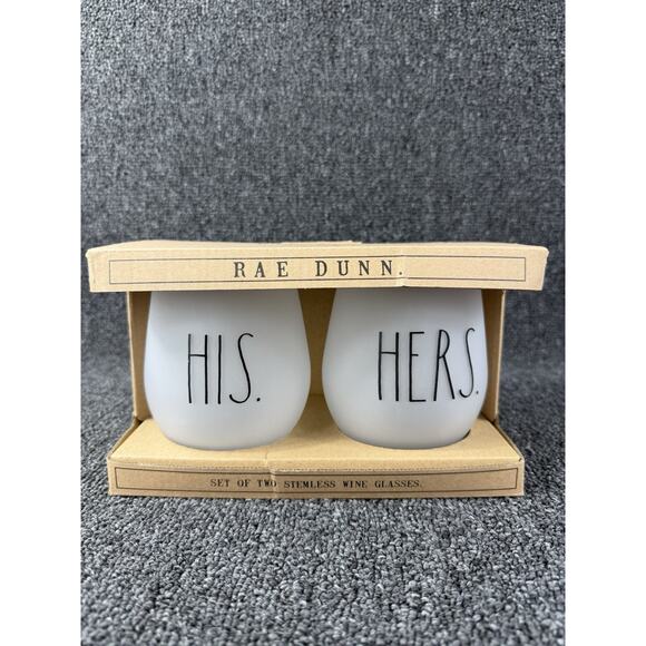 Rae Dunn His & Hers Set Of 2 Clear Frosted Stemless Wine Glasses Gift Set - Picture 1 of 3
